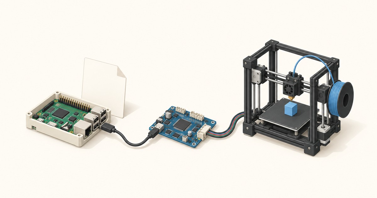 A Raspberry Pi in a case beside a blank config file sheet, cabled by USB to a blue microcontroller board wired to a black-framed 3D printer with blue filament.