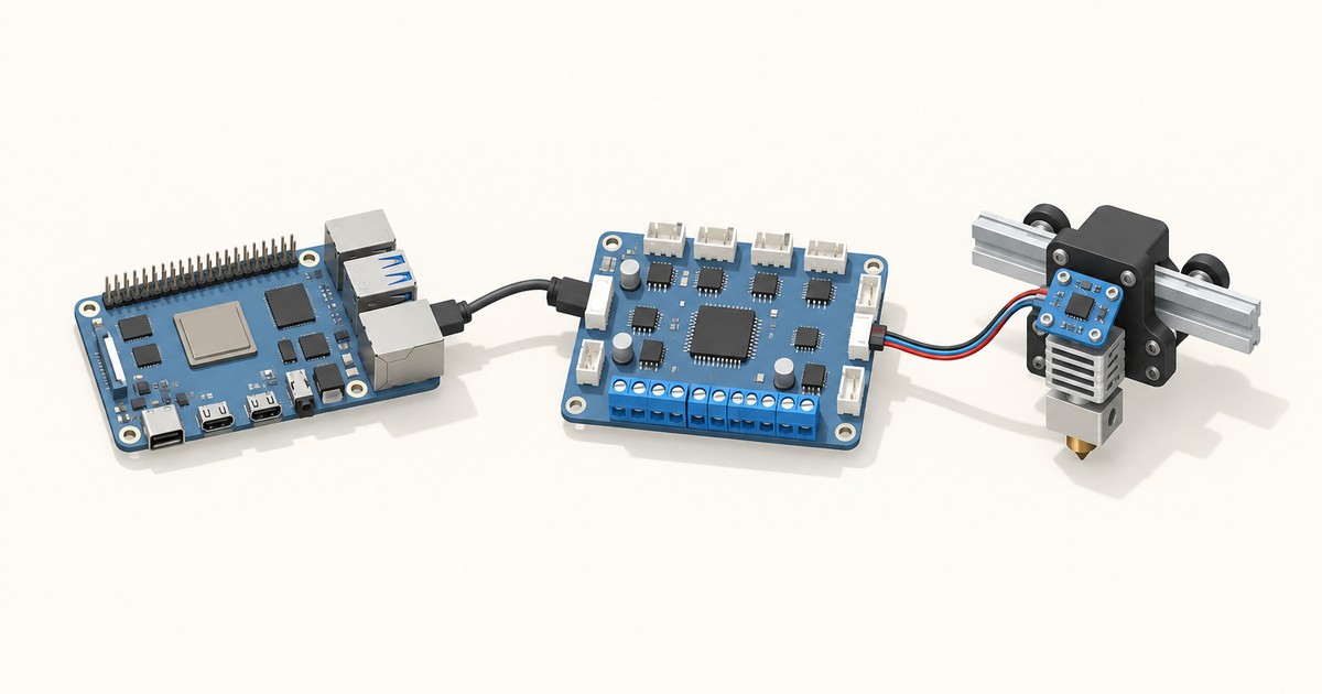 Blue single-board computer cabled by USB to a blue MCU controller board, which is wired to a small sensor board on a 3D printer hotend carriage on a rail