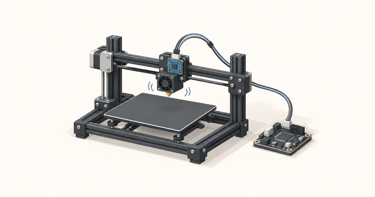 Isometric 3D printer with a blue ADXL345 accelerometer on the toolhead, cabled to a small controller board, with vibration arcs near the nozzle.
