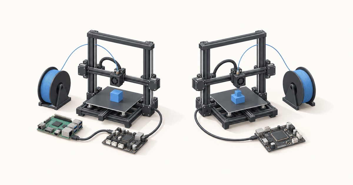 Two black 3D printers with blue filament spools side by side, the left wired to a Raspberry Pi and control board, the right to a single mainboard